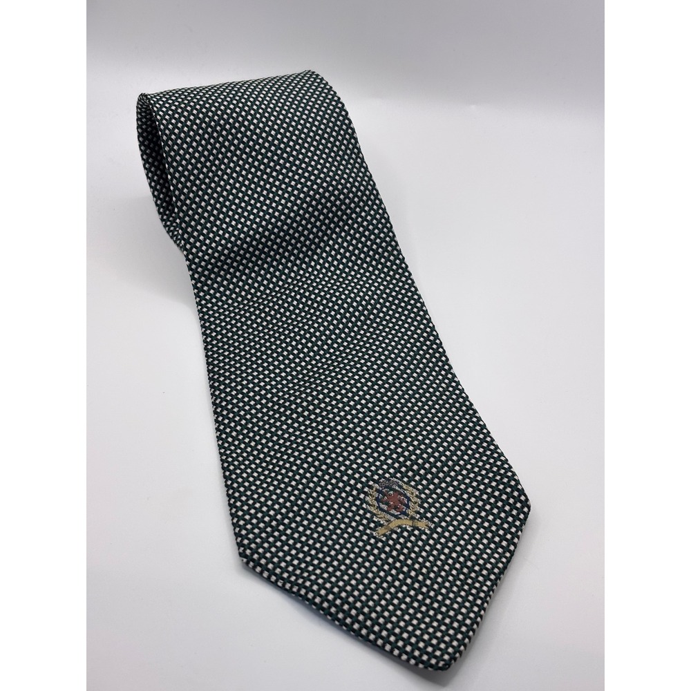 Tommy‎ Hilfiger Necktie Mens OS Green White Microcheck Silk Crest Logo Classic